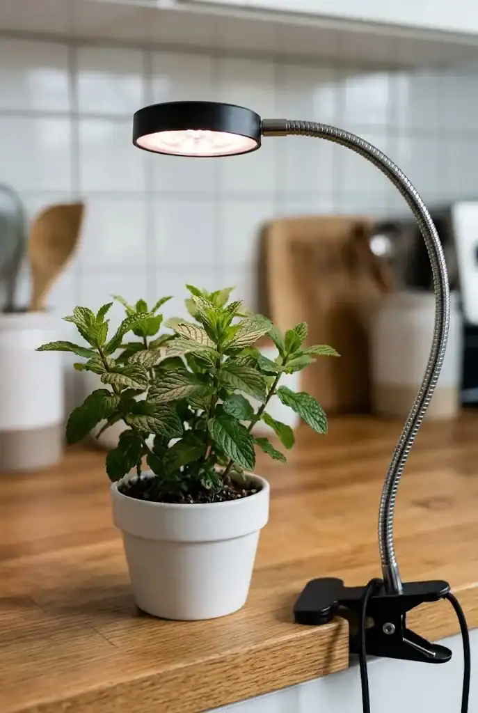 A clamp-on gooseneck grow light attached to a kitchen counter with a single pot of mint beneath the flexible arm