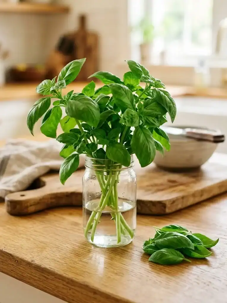Fresh basil stems in a glass of water on a kitchen counter