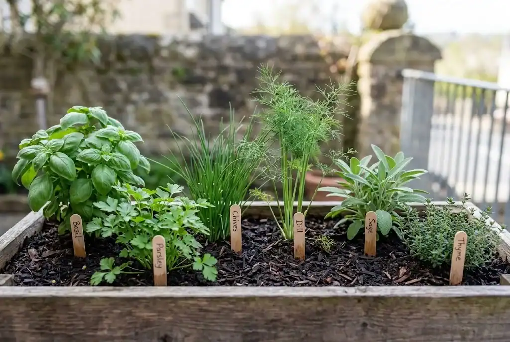 A small garden bed with six labeled culinary herbs in a row, including basil, parsley, chive, dill, sage, and thyme