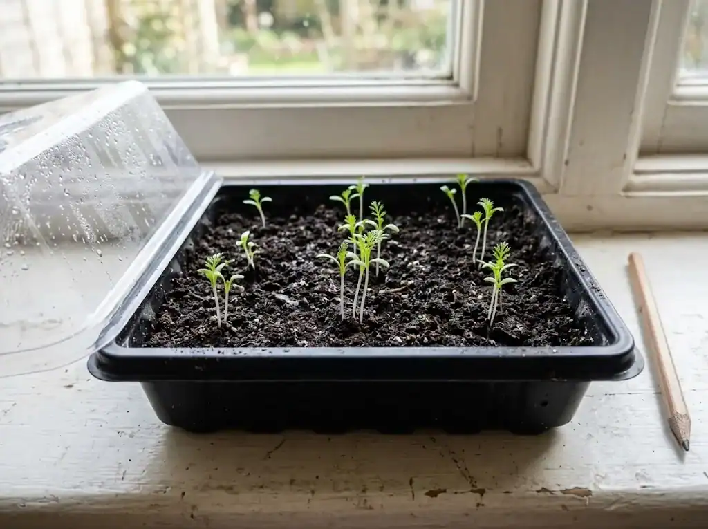 Tiny chamomile seedlings just emerged in a seed-starting tray