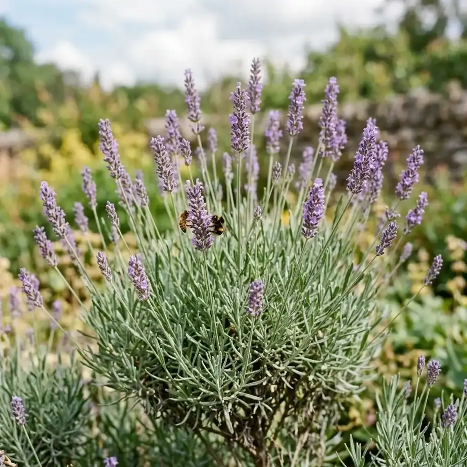 A mature lavender plant with narrow gray-green leaves and slender purple flower spikes, photographed in soft natural light against a clear background