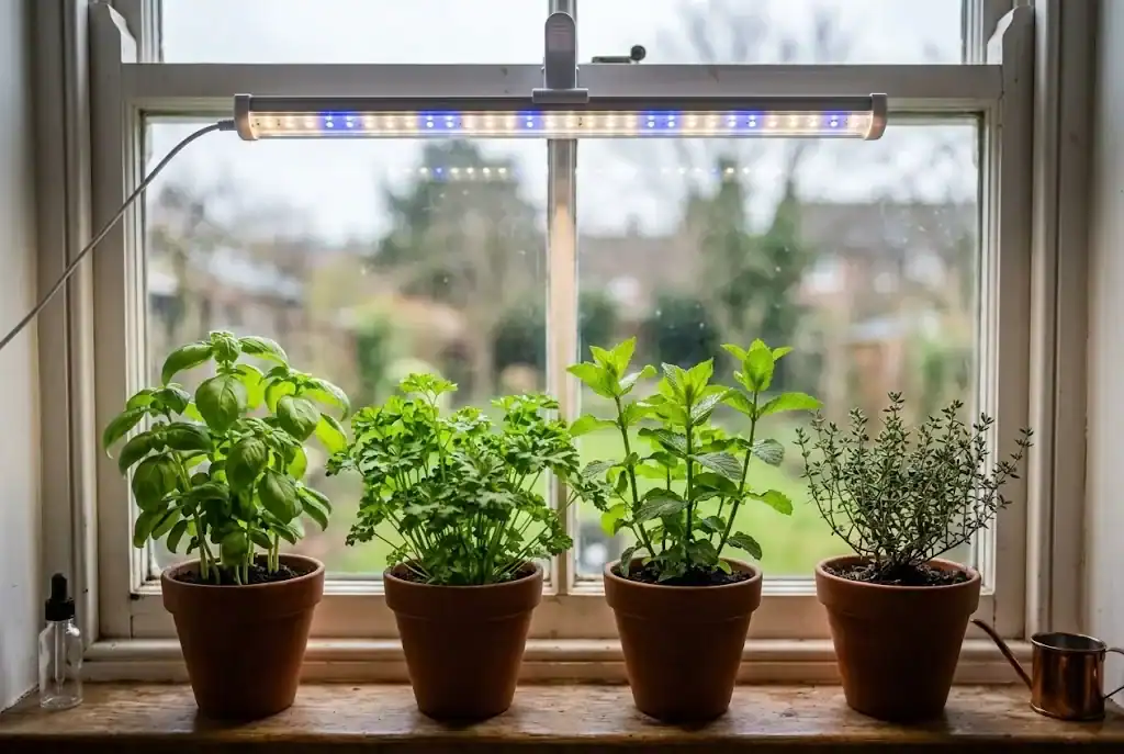 Small indoor herb garden on a windowsill lit by an LED grow light clipped to the window frame