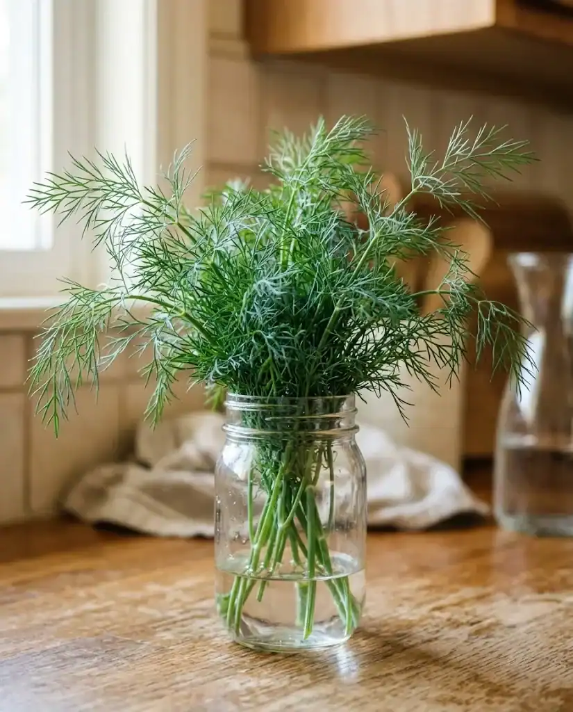 Freshly cut dill stems standing upright in a clear glass mason jar with an inch of water on a kitchen counter