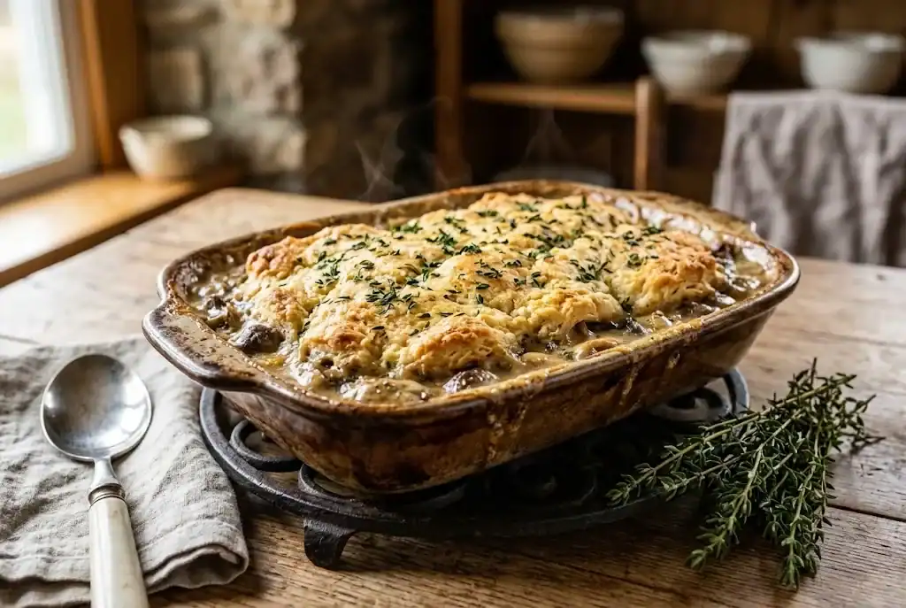 Creamy wild mushroom casserole under a golden biscuit crust garnished with fresh thyme leaves