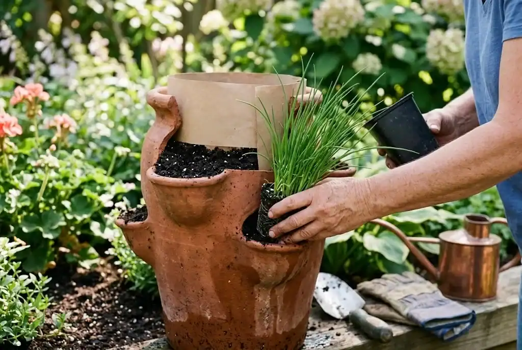 Hand slipping a small potted chive into the lowest pocket of a strawberry pot filled with potting mix