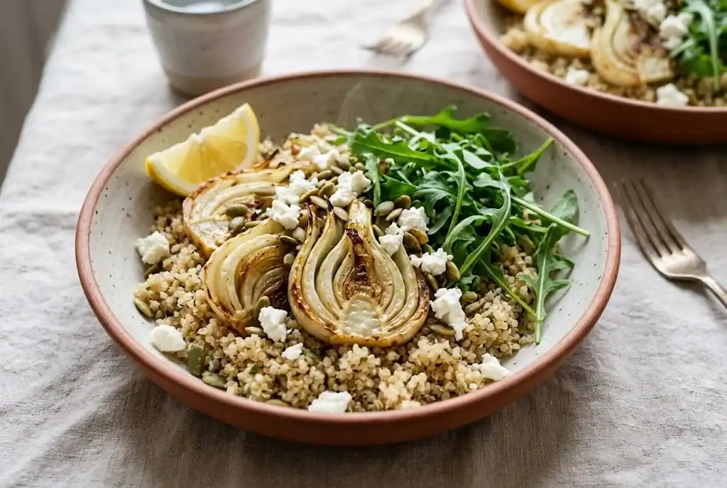 A bowl of warm quinoa topped with roasted fennel slices, crumbled feta, pumpkin seeds, and a handful of arugula
