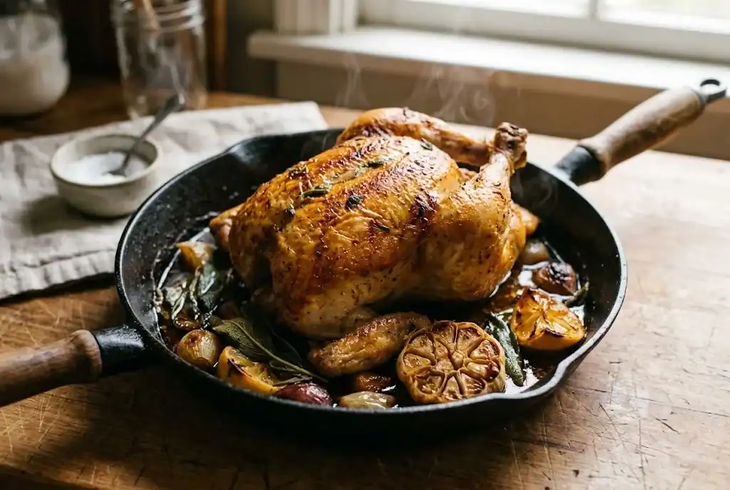 Golden oven roasted whole chicken garnished with fresh culinary sage sprigs and lemons