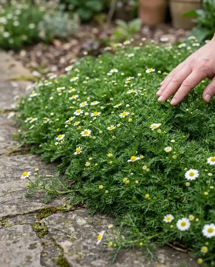 Roman chamomile growing low to the ground as a mat of feathery green foliage dotted with small white and yellow blooms