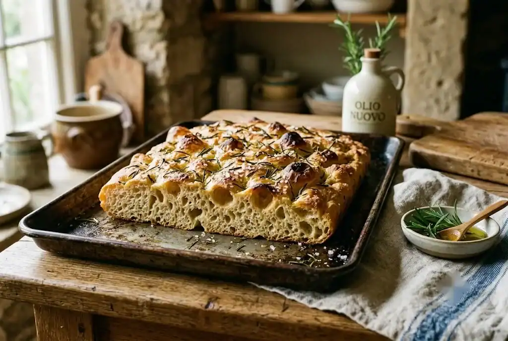 Golden rosemary focaccia with olive oil and flaky salt on a baking tray