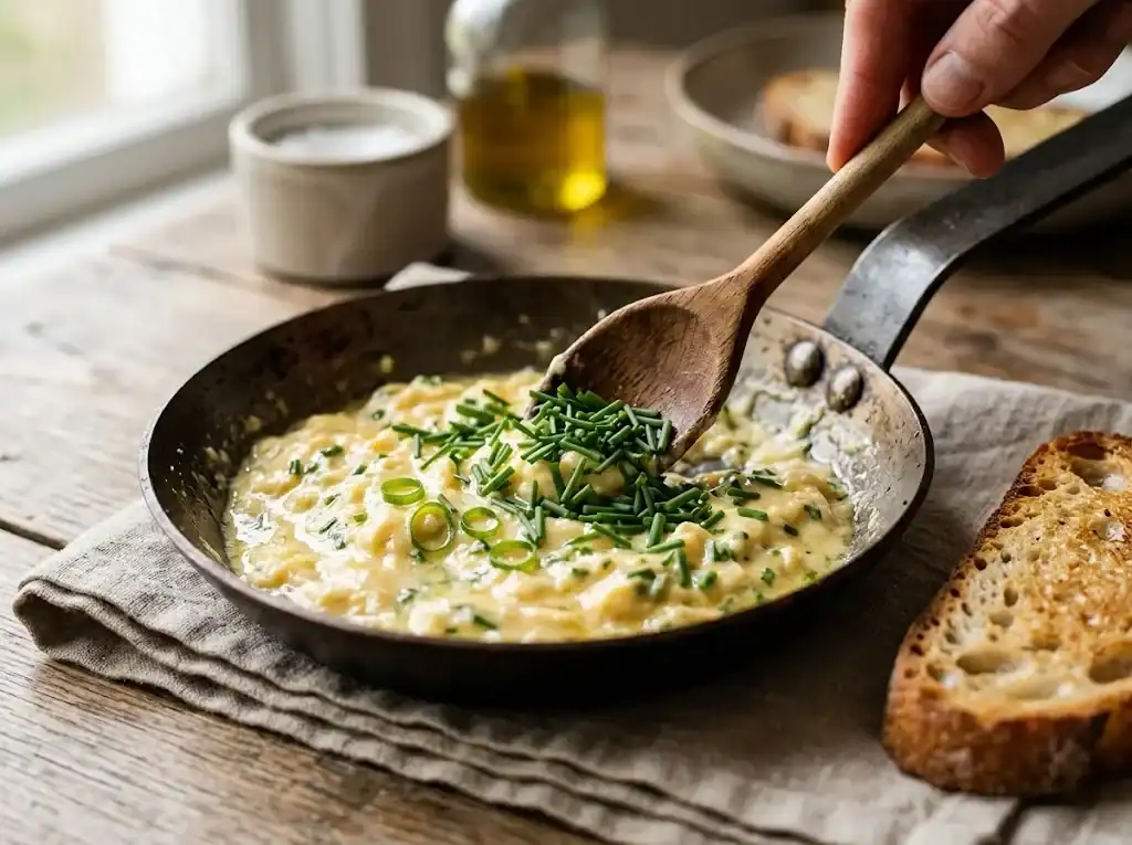 Soft scrambled eggs in a small skillet with chopped chives being folded in by a wooden spoon