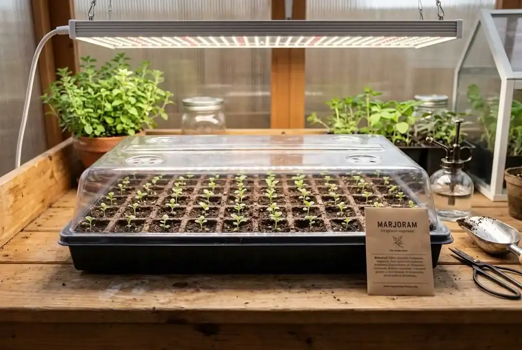 Marjoram seedlings sprouting in seed-starting trays under grow lights