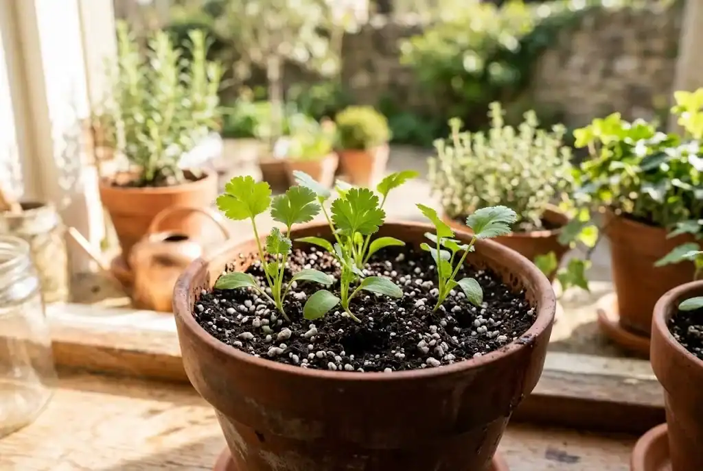 Young cilantro seedlings growing vigorously in a deep terracotta pot on a windowsill