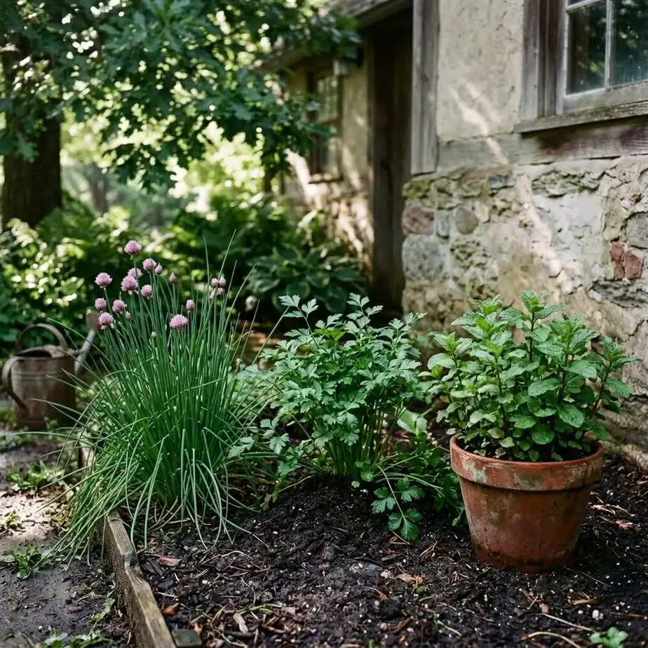 Leafy culinary herbs including chives, parsley, and mint growing in partial shade at the side of a small house with morning light
