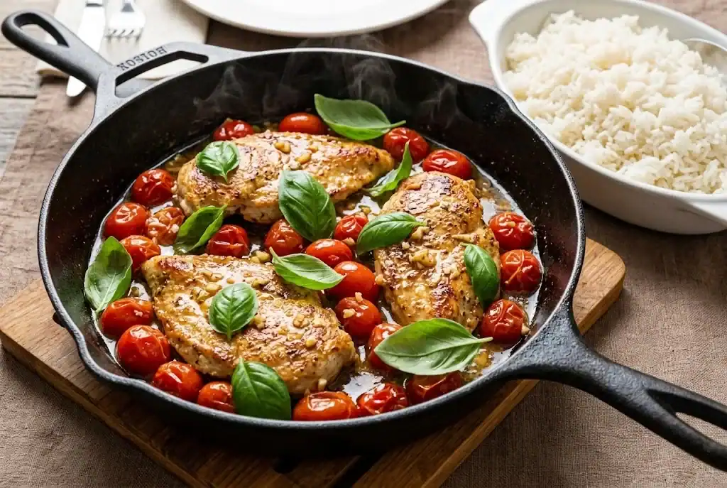 Golden seared chicken cutlets in a skillet with blistered cherry tomatoes, garlic, and fresh basil leaves