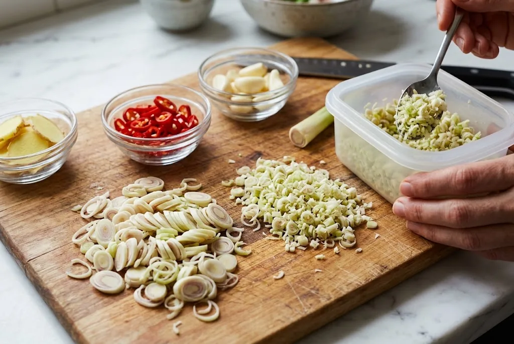 Finely sliced and minced culinary lemongrass core on a cutting board ready for freezer bags