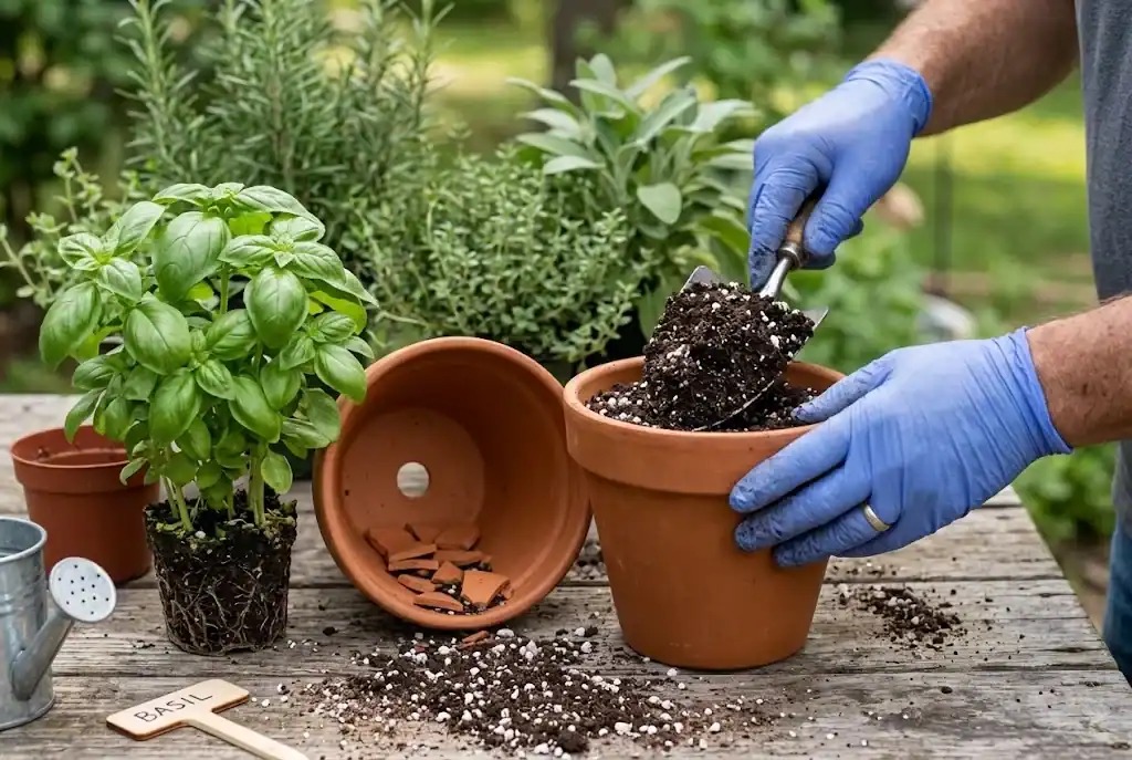 Gardener preparing well-drained potting mix in clay terracotta pot showing drainage hole