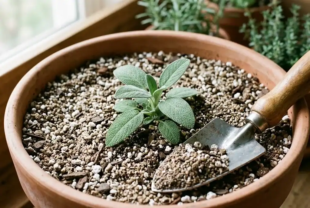 Close-up of gritty, well-drained potting mix in a terracotta pot with a small young sage plant in the center