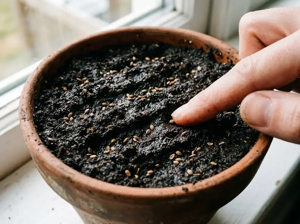 Parsley seeds scattered thinly across the surface of a moist pot of soil