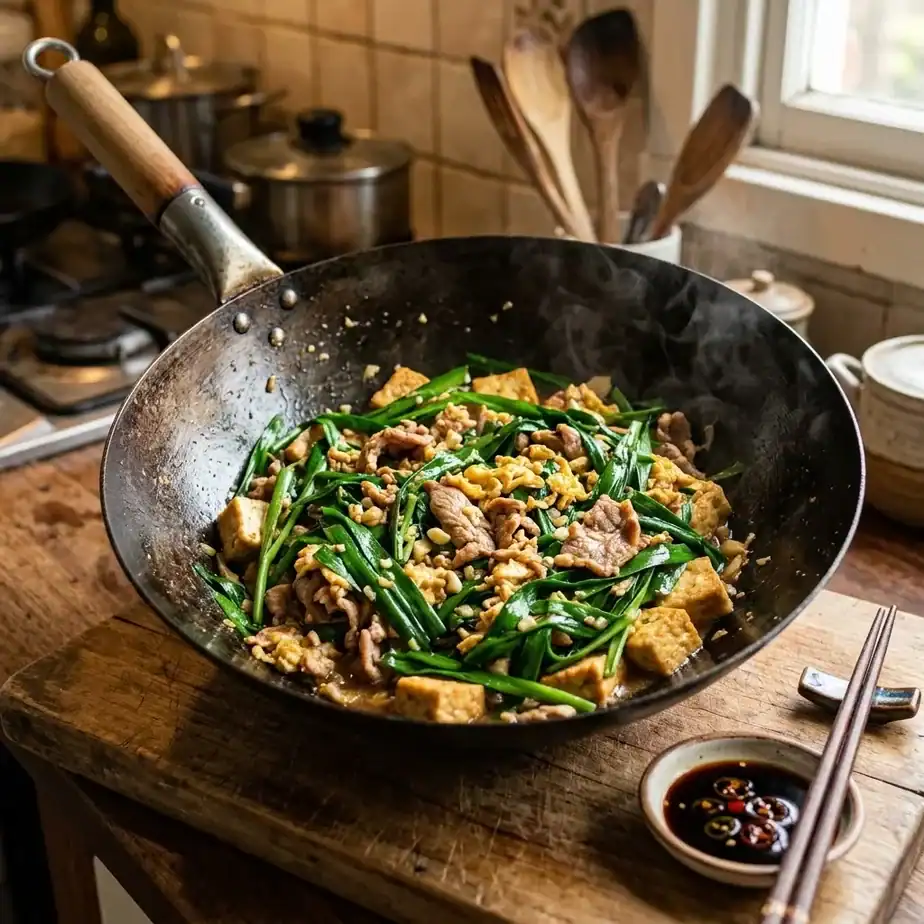 A wok holding garlic chives, pork, and tofu stir-fried together