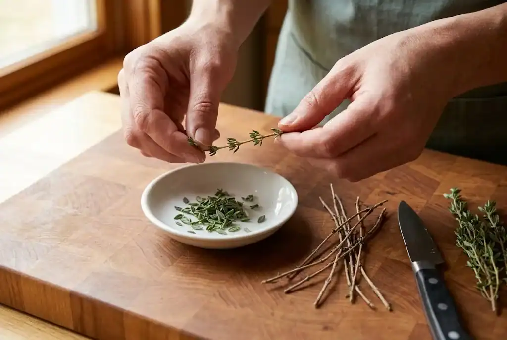 Cook stripping fresh thyme leaves from woody stems into a porcelain prep bowl on a butcher block