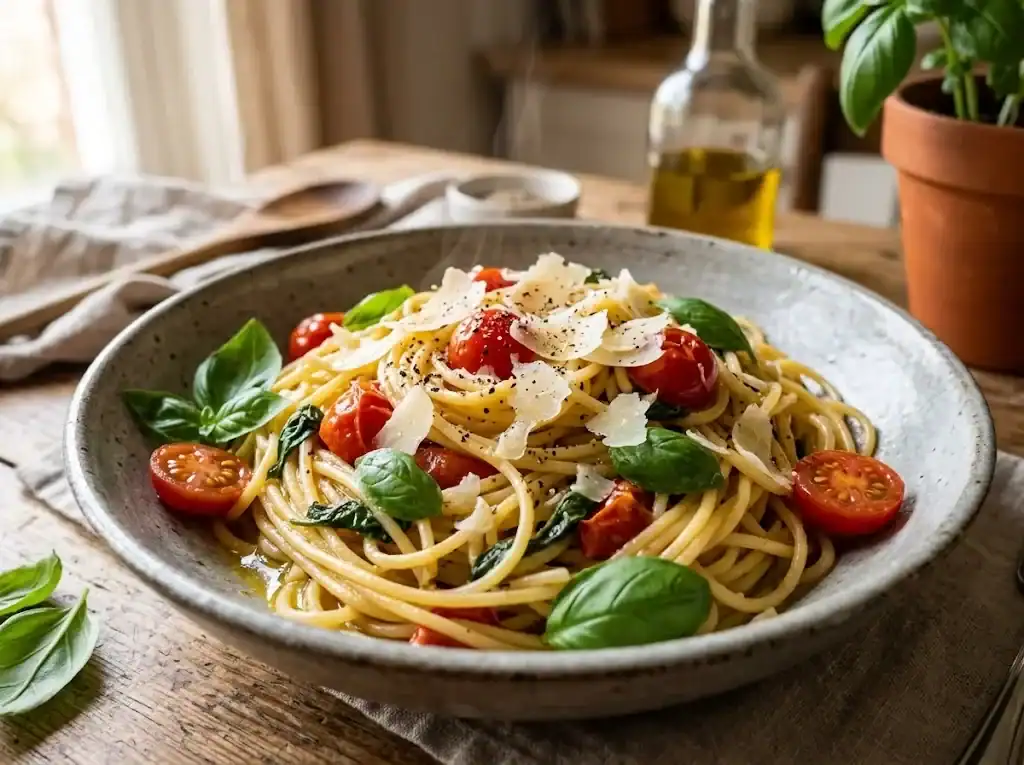 A bowl of hot pasta topped with torn sweet basil leaves, halved cherry tomatoes, shaved parmesan, and a drizzle of olive oil