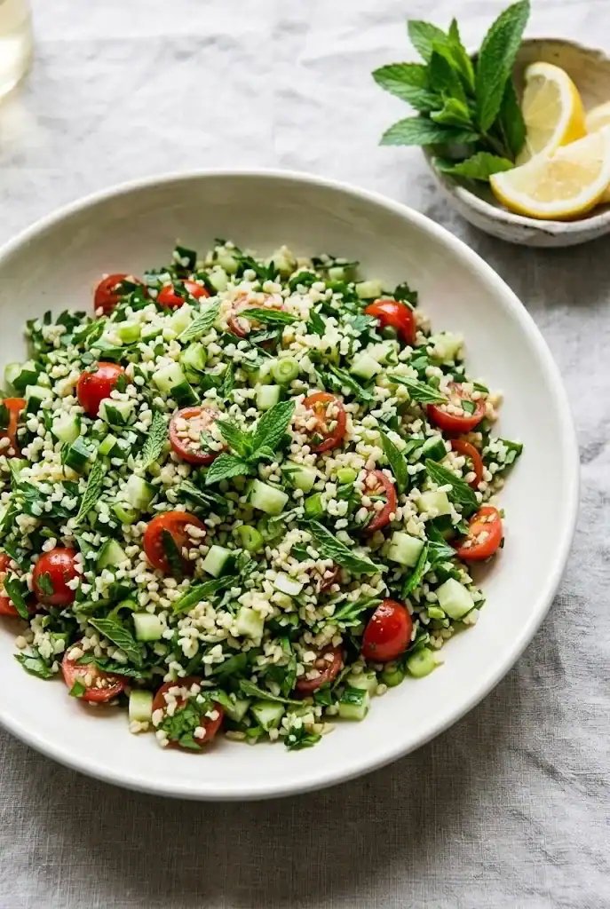 Wide shallow bowl of spring tabbouleh with bulgur, fresh spearmint, parsley, diced cucumber, cherry tomatoes, and green onions on a linen tablecloth