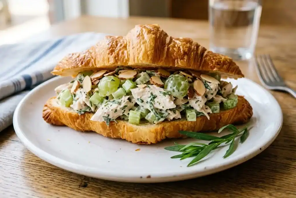 Flaky croissant filled with tarragon chicken salad, sliced green grapes, celery, and toasted almonds on a ceramic plate