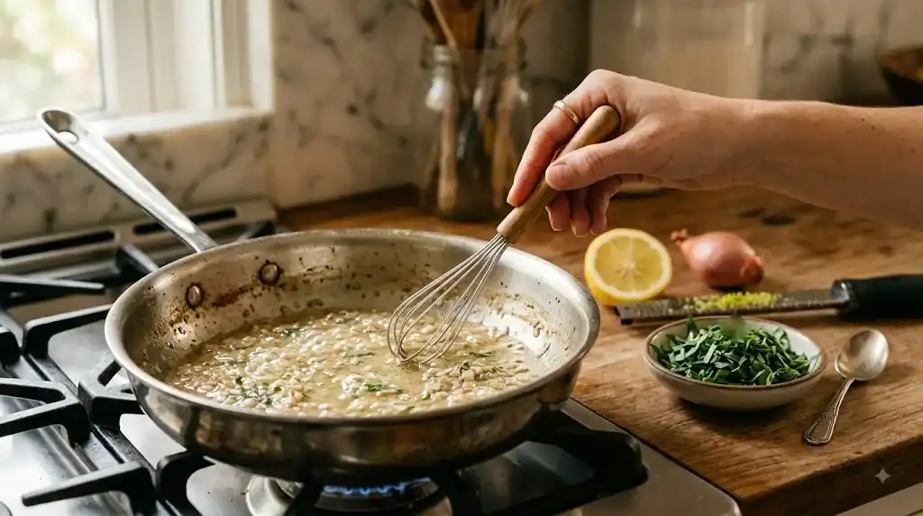 Warm potato salad with chopped tarragon in a ceramic serving bowl