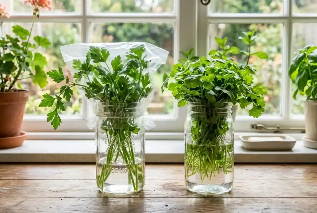 Fresh parsley and cilantro stems kept upright in water inside glass mason jars covered with produce bags