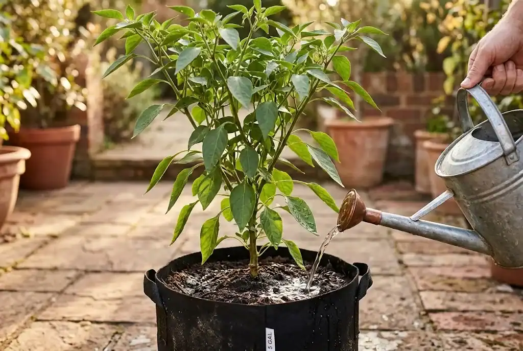 Watering a chili plant in a black five gallon fabric grow bag on a sun drenched patio