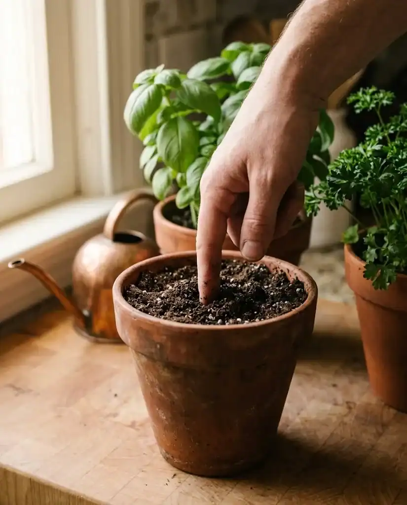 An adult finger pressing into the top inch of soil in a potted basil, with a copper watering can and parsley nearby