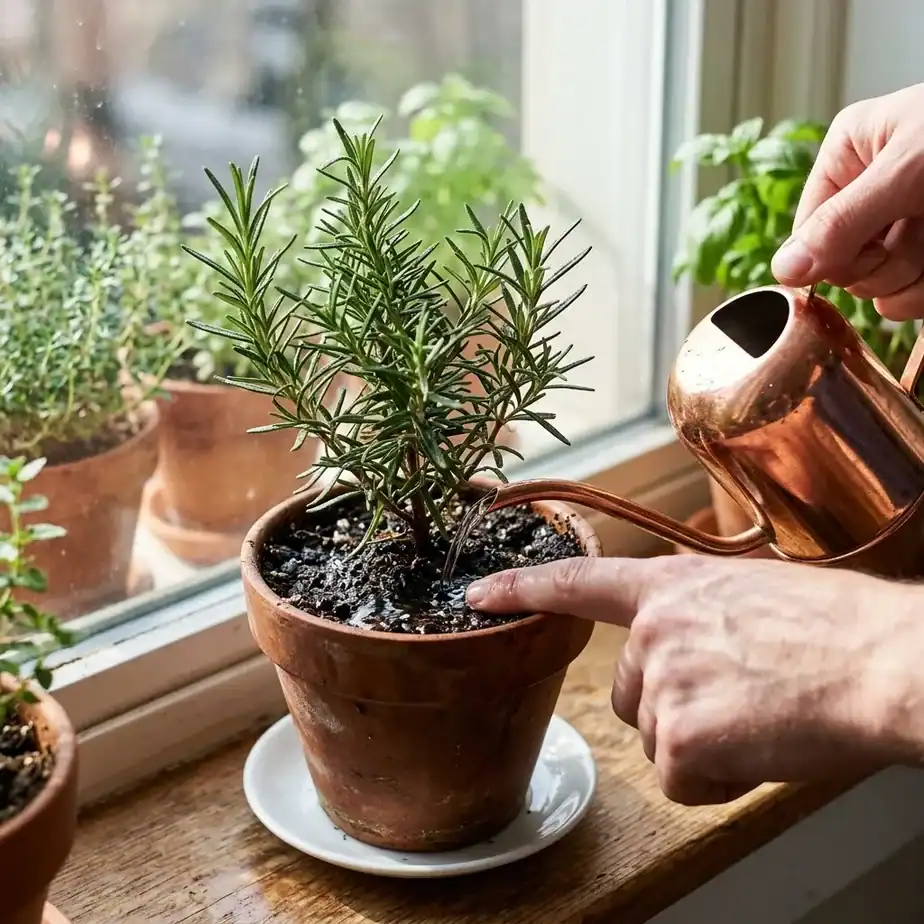 Hand watering a small terracotta herb pot while checking soil moisture with a finger