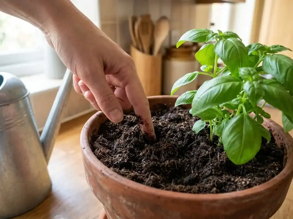 An index finger pressed into the top inch of potting mix in a terracotta pot beside a small basil plant and a watering can
