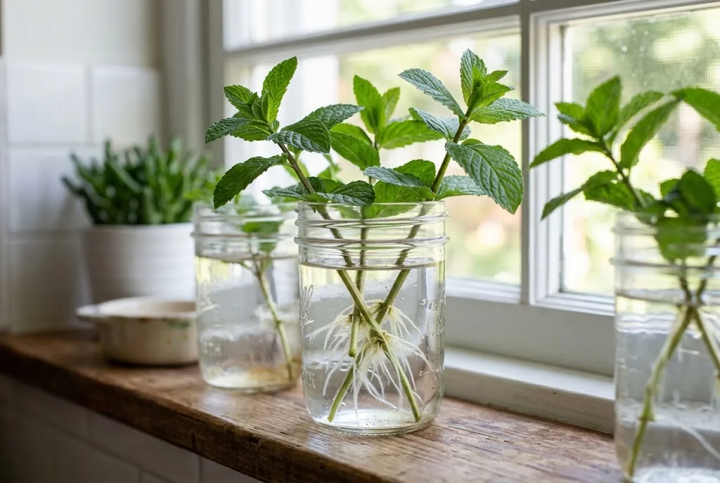 Mint stem cuttings developing healthy white roots in clear glass jars of water on a windowsill