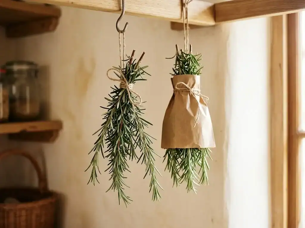 A bundle of rosemary sprigs tied with twine and hanging upside down to air-dry