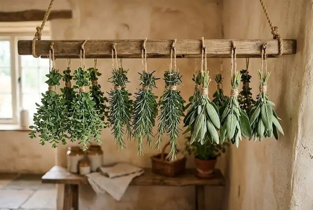 Small bundles of oregano, rosemary, and sage hanging upside down from a wooden drying rack