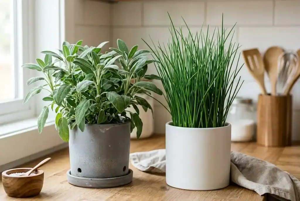 Potted garden sage with velvety gray-green leaves beside fresh green chive spears in a sunny indoor kitchen