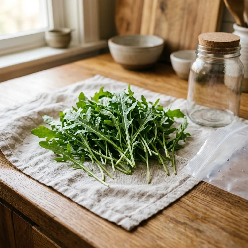 Freshly washed arugula leaves resting on a linen towel next to a storage jar and a perforated bag