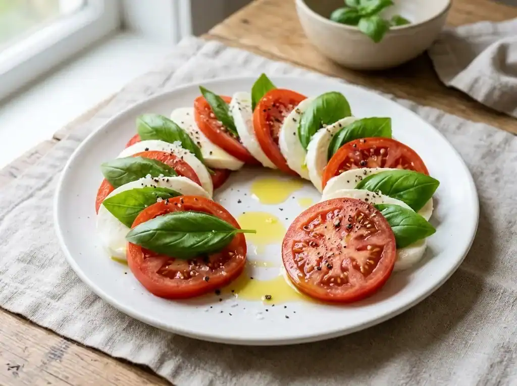 Thick slices of ripe red tomato alternating with rounds of fresh mozzarella on a white plate, with whole sweet basil leaves tucked between, drizzled with olive oil