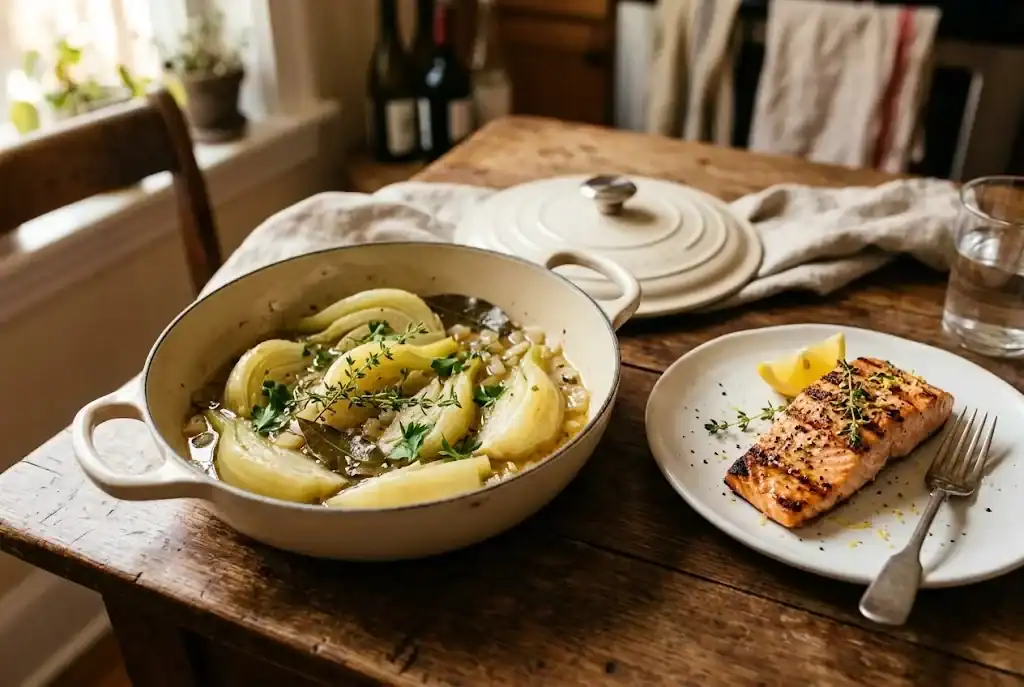 Small cast-iron pot of braised fennel wedges in a glossy white-wine broth with bay leaves and thyme