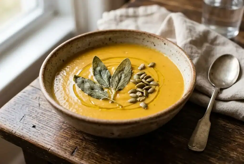 Creamy roasted butternut squash soup in a ceramic bowl topped with crispy fried sage leaves