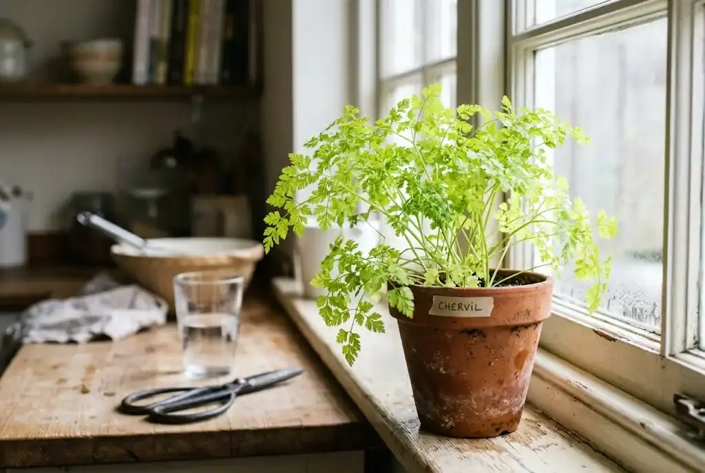 Chervil plant growing in a small terracotta pot on a north-facing windowsill