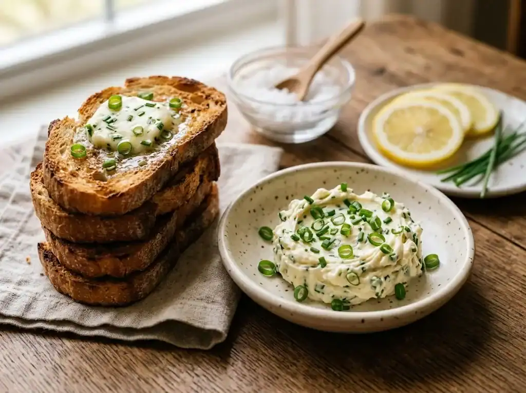 A small ceramic dish of soft compound butter studded with chopped chives next to toasted baguette slices