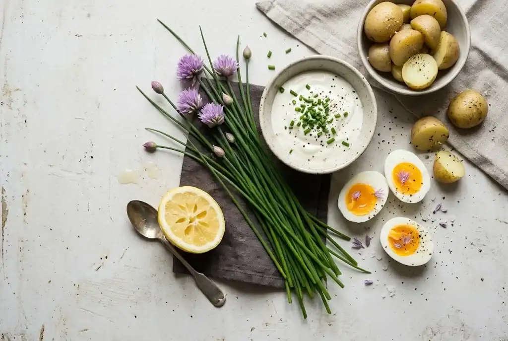 Small bowls of chives, sour cream, potatoes, eggs, and lemon arranged for cooking