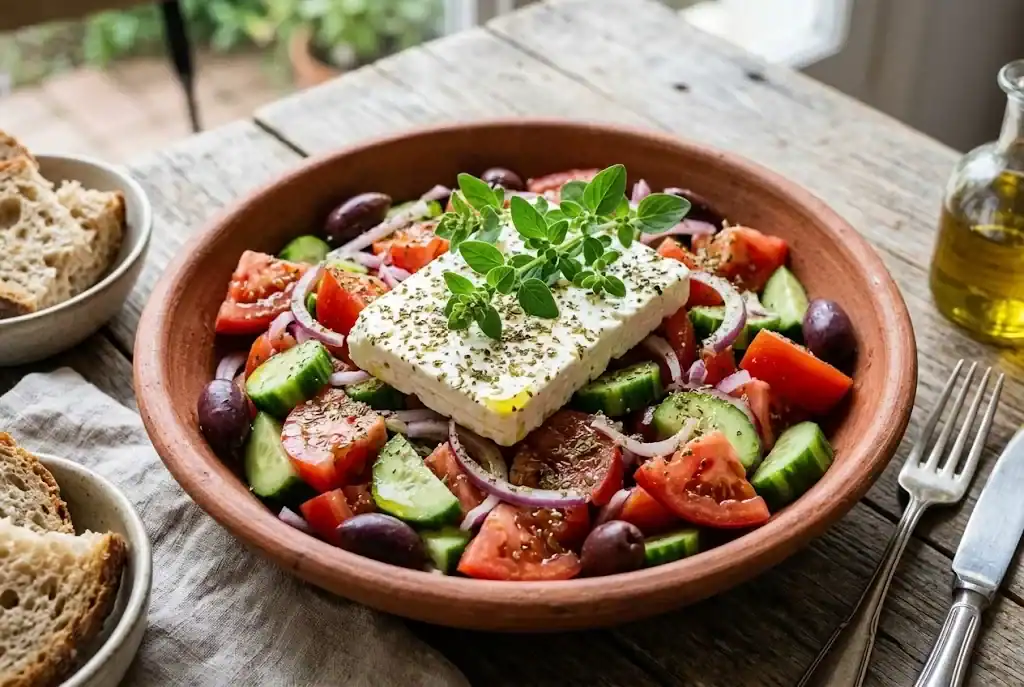 Traditional Greek salad with ripe tomatoes, cucumber, red onion, kalamata olives, and a block of feta dusted with dried oregano