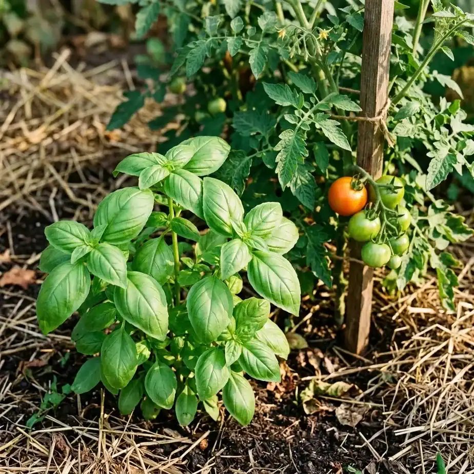 A bushy sweet basil plant growing next to a staked tomato plant in a small vegetable garden bed