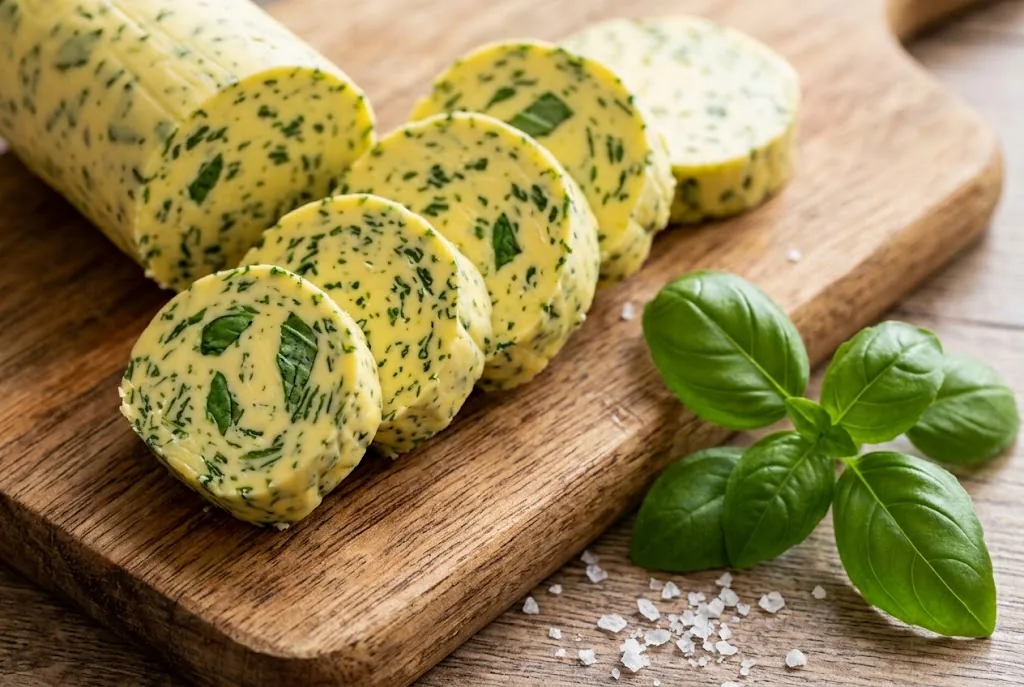 Homemade herb compound butter sliced into medallions on a wooden cutting board