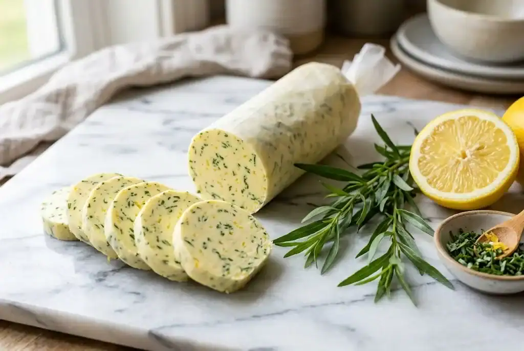 Chilled roll of homemade compound tarragon butter sliced into rounds showing minced green leaves and lemon zest on marble