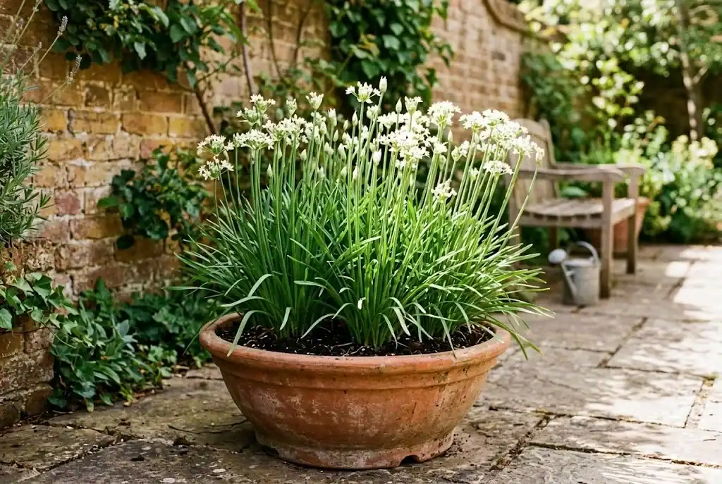 Large terracotta pot filled with thriving garlic chives on a sunny outdoor patio