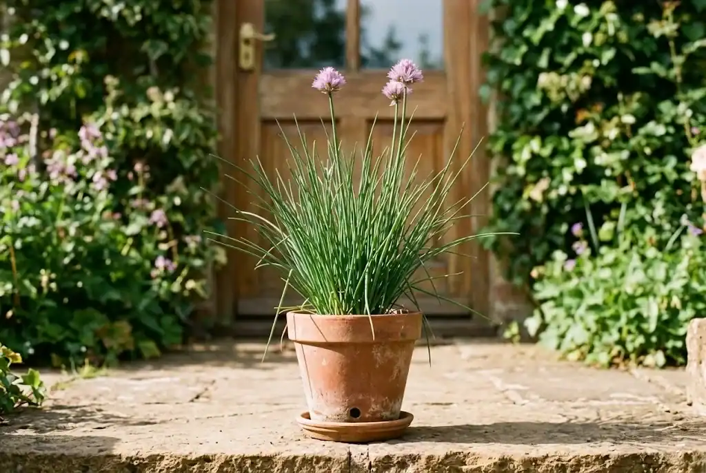 A single chive clump grows in a terracotta pot on a sunny back step